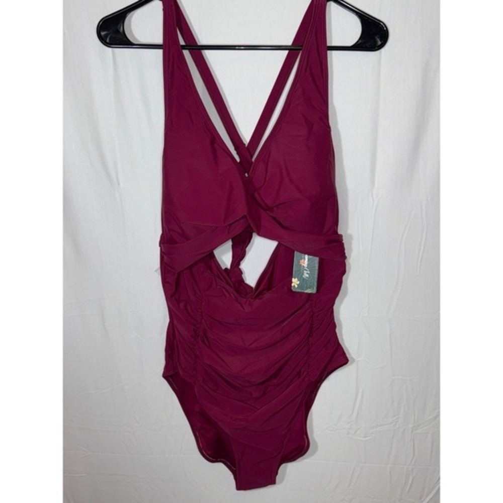 Blooming Jelly Cutout One Piece Swimsuit Criss Cross Back Tie Ruched Burgundy XL